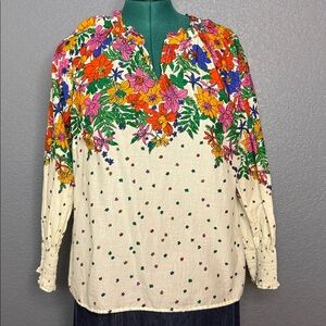 Talbots Petite Floral Cotton Blouse |Bright Multicolor Print V-Neck Smocked Cuff